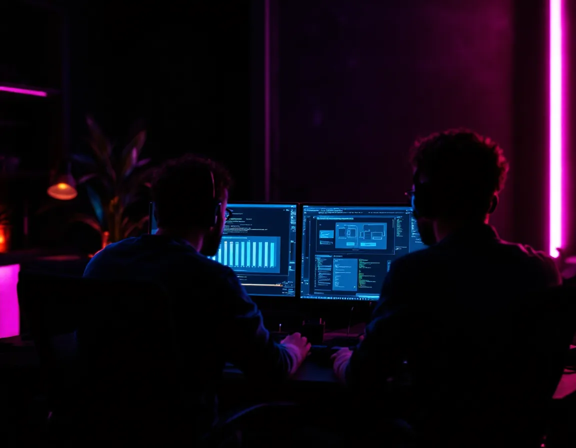 Two engineers reviewing an architecture diagram at a dark workstation lit with magenta light
