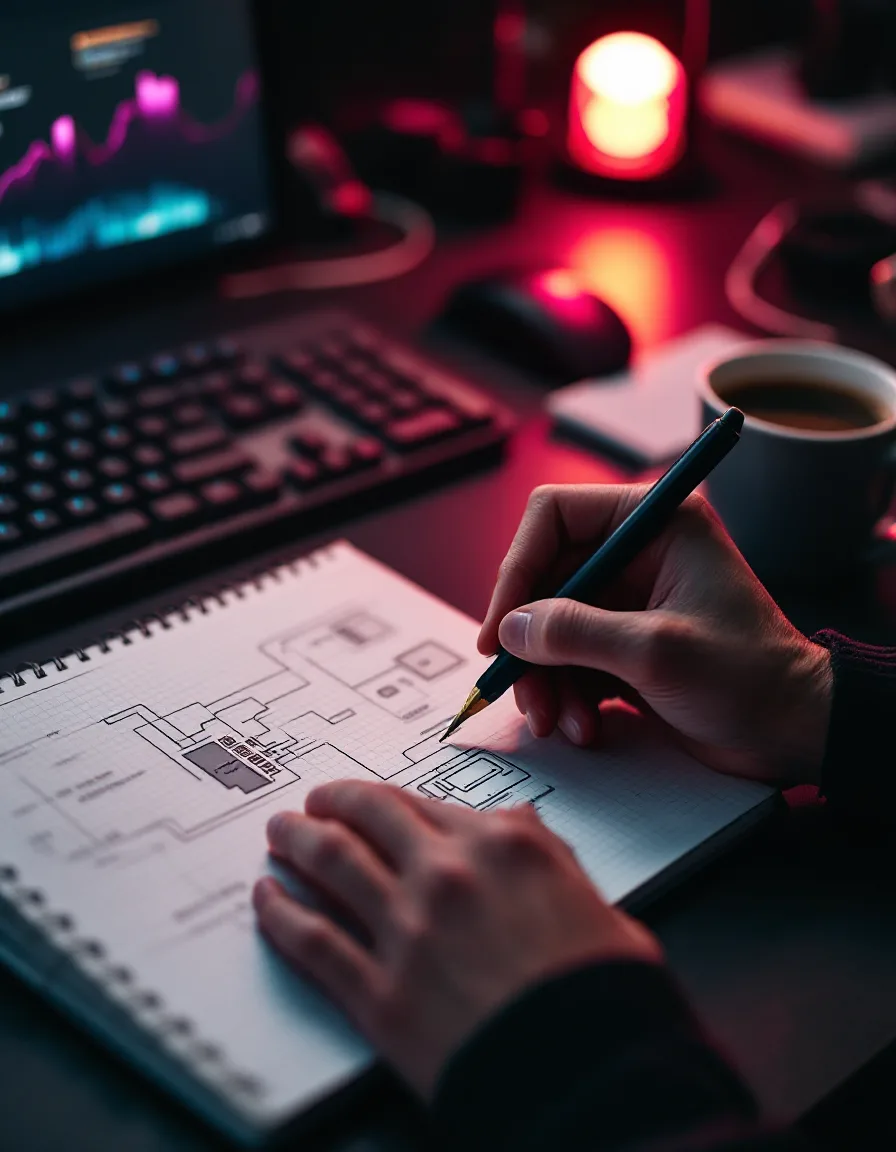Hands sketching a system architecture diagram in a notebook beside a mechanical keyboard