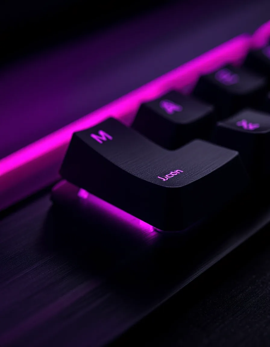 Macro detail of a mechanical keyboard lit with a magenta rim light